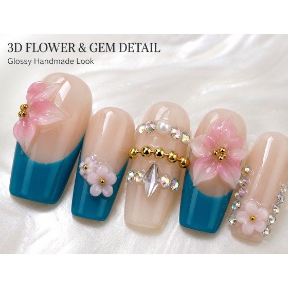 Teal French 3D Pink Flower Press‑On Nails, Nude Base Medium‑Long T‑Shape False Nails with Gold Beads & AB Rhinestones